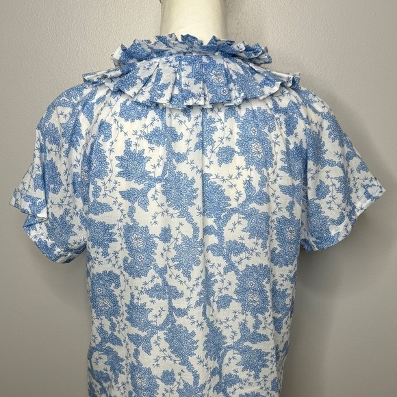 Saule Parc Ruffle Collar Top Size XS Blue Floral Cotton Cottagecore Preppy Chic - Picture 6 of 10